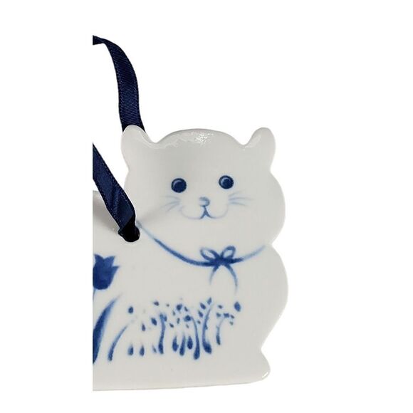 Vintage Russ Berrie Cat Ornament Blue Ceramic Floral Christmas Collectible Gift - Picture 4 of 8